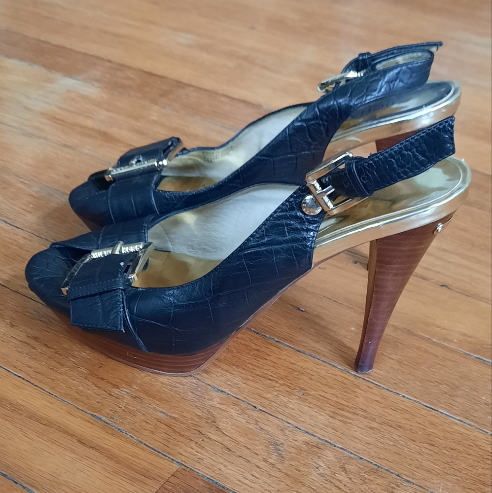 Michael Kors Black and Gold Peep Toe Buckle Pumps